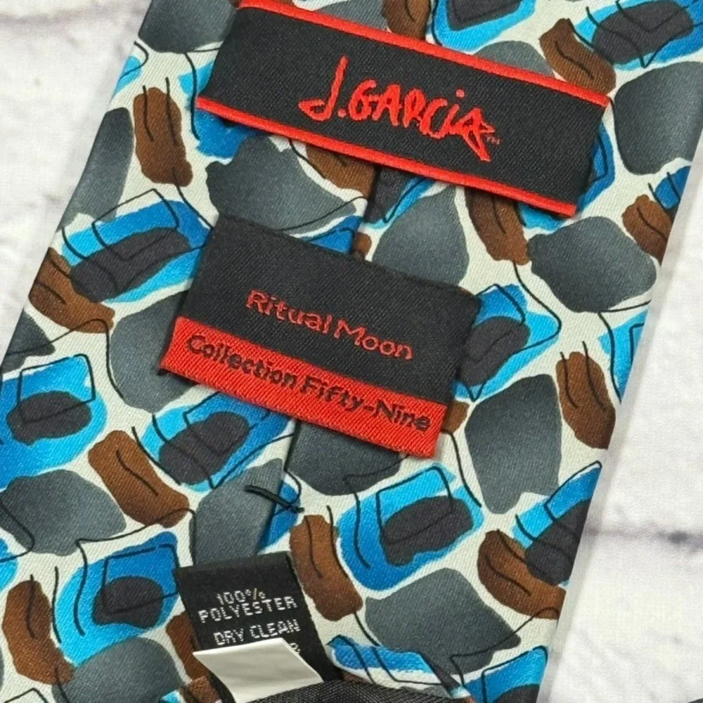J. Garcia Necktie Ritual Moon Collection Fifty-Nine Blue Brown White Polyester‎